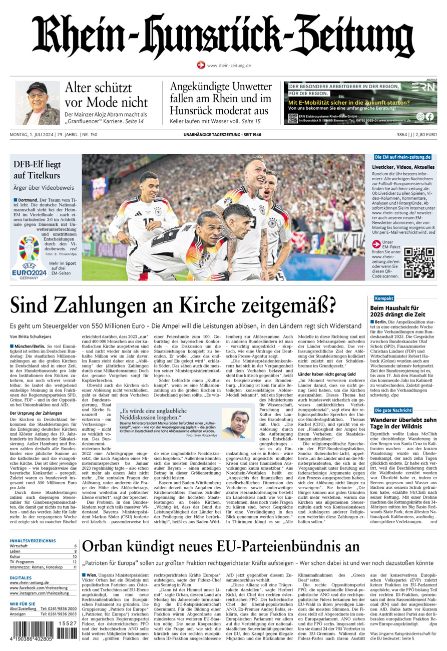 Rhein-Hunsrück-Zeitung vom Montag, 01.07.2024