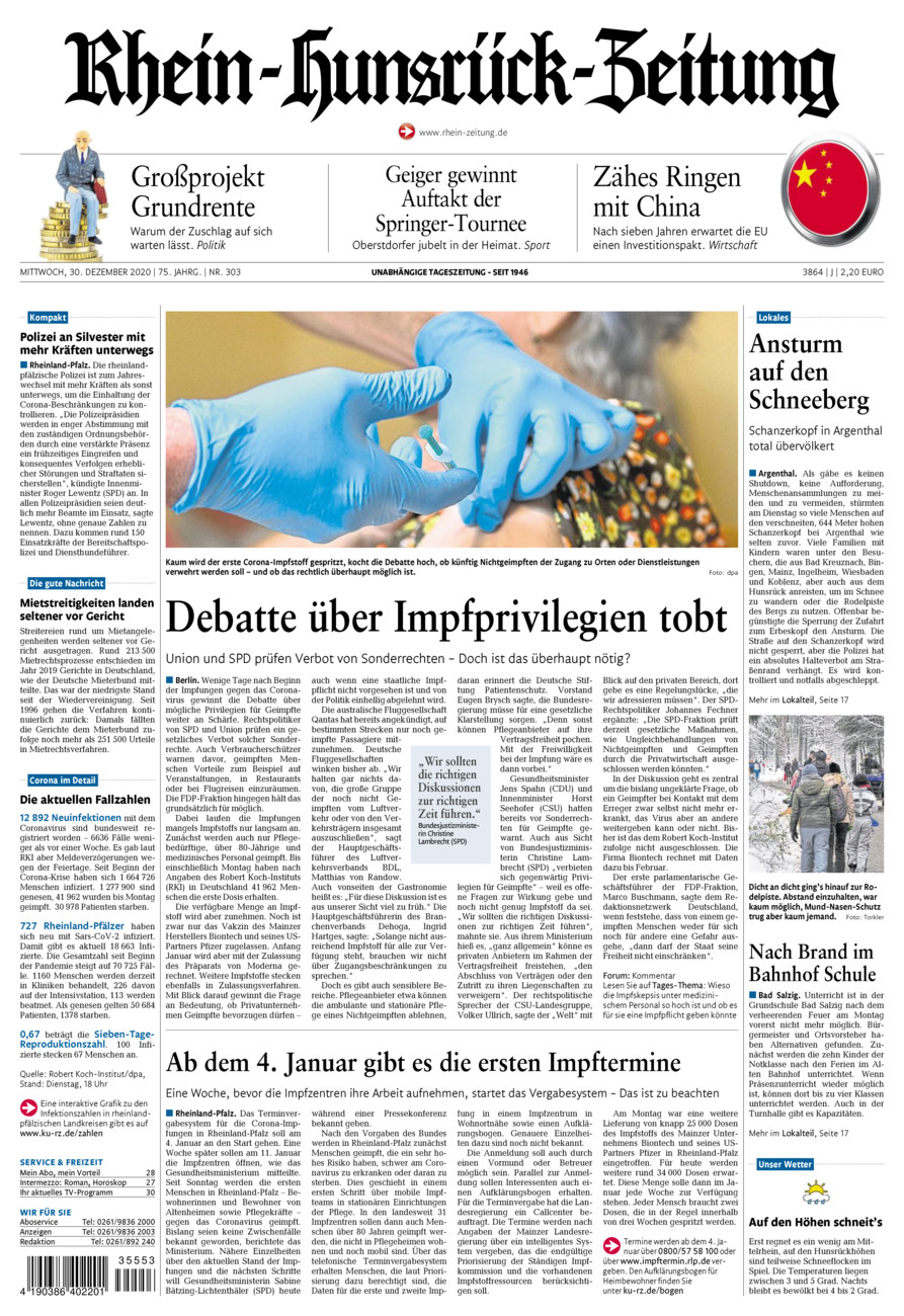 Rhein-Hunsrück-Zeitung vom Mittwoch, 30.12.2020