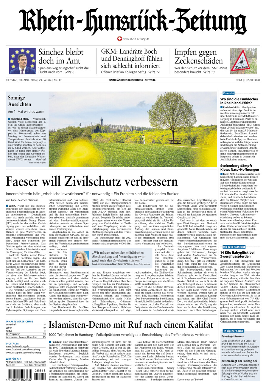 Rhein-Hunsrück-Zeitung vom Dienstag, 30.04.2024