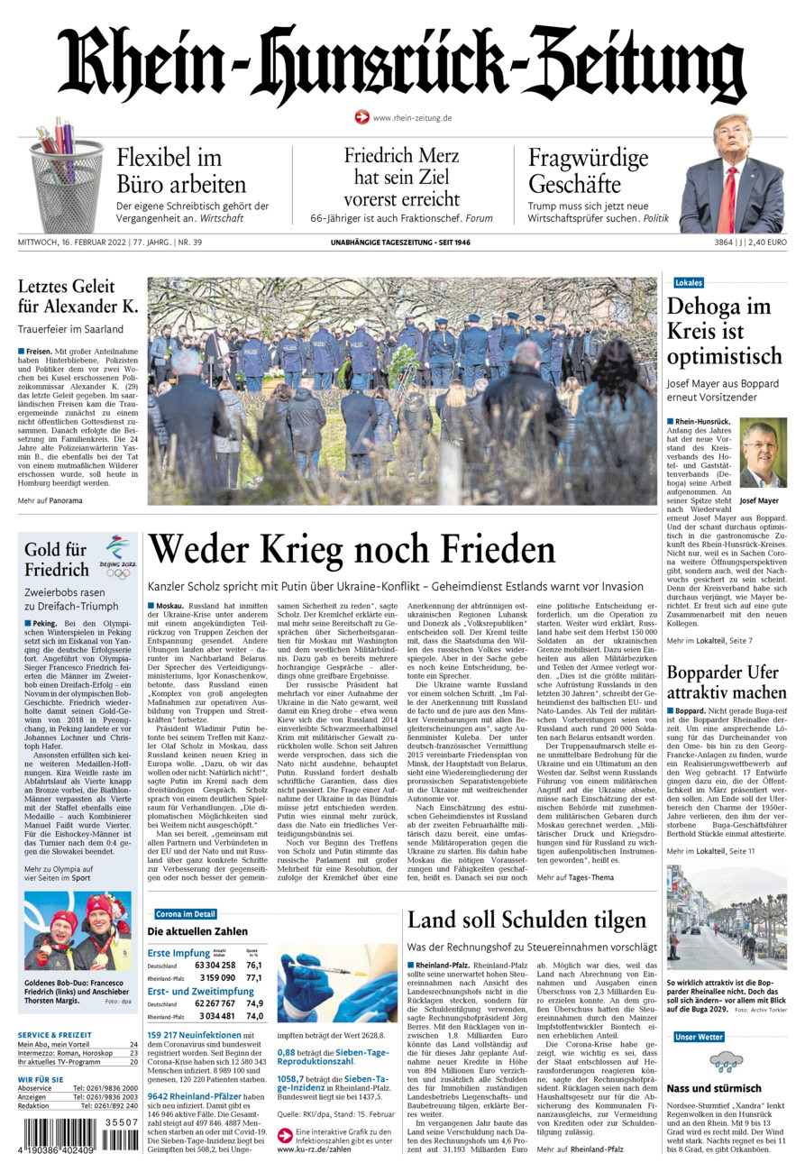 Rhein-Hunsrück-Zeitung vom Mittwoch, 16.02.2022