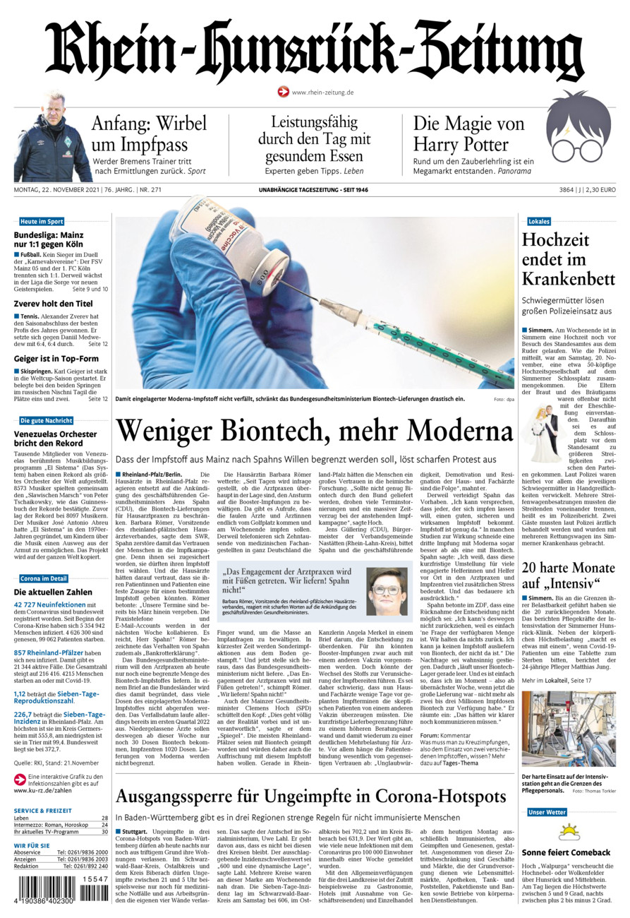 Rhein-Hunsrück-Zeitung vom Montag, 22.11.2021