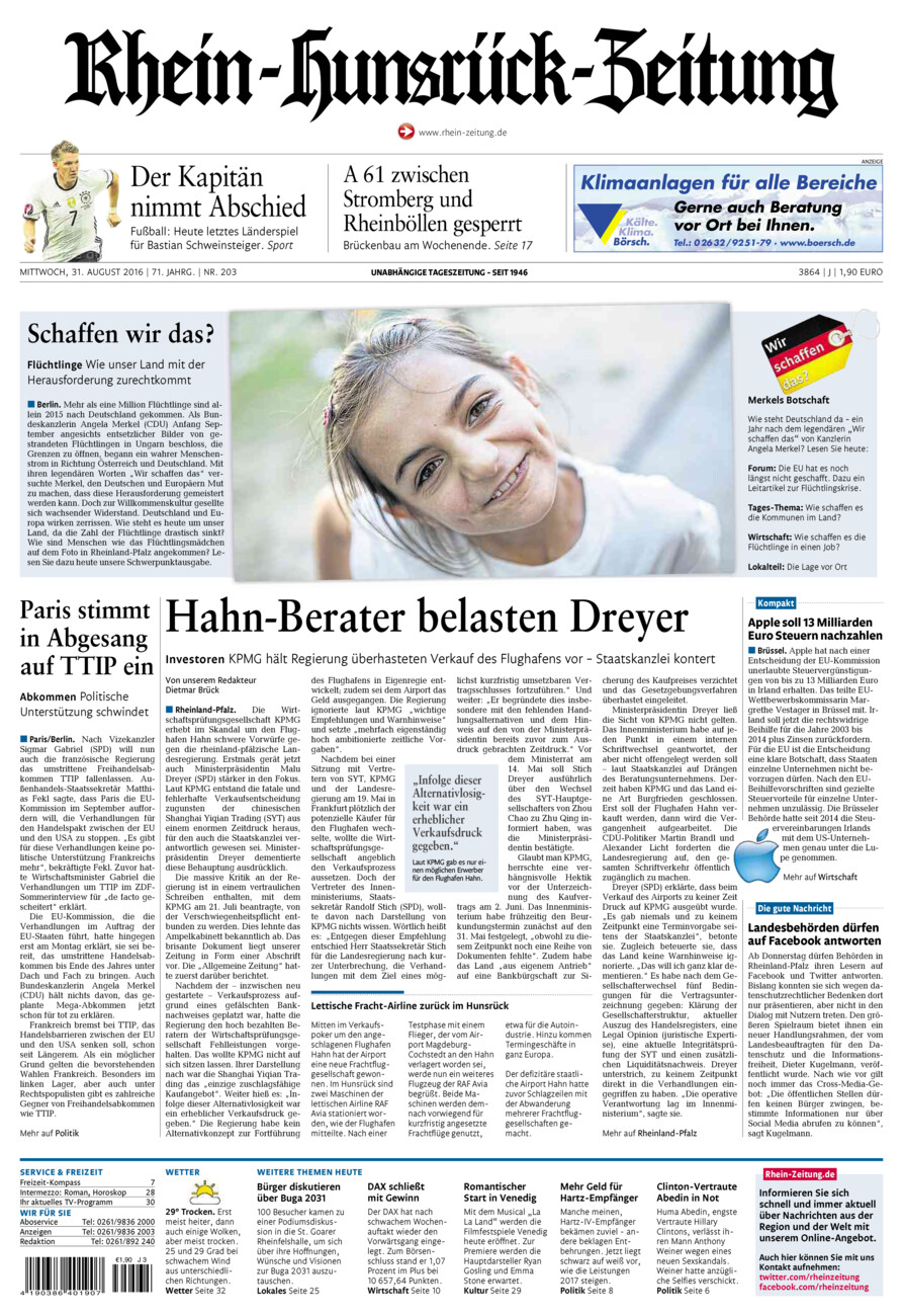 Rhein-Hunsrück-Zeitung vom Mittwoch, 31.08.2016