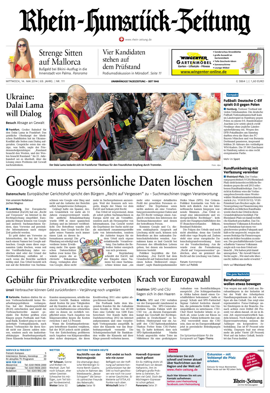 Rhein-Hunsrück-Zeitung vom Mittwoch, 14.05.2014