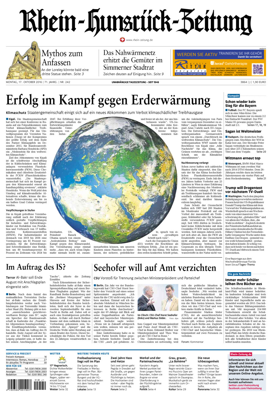 Rhein-Hunsrück-Zeitung vom Montag, 17.10.2016