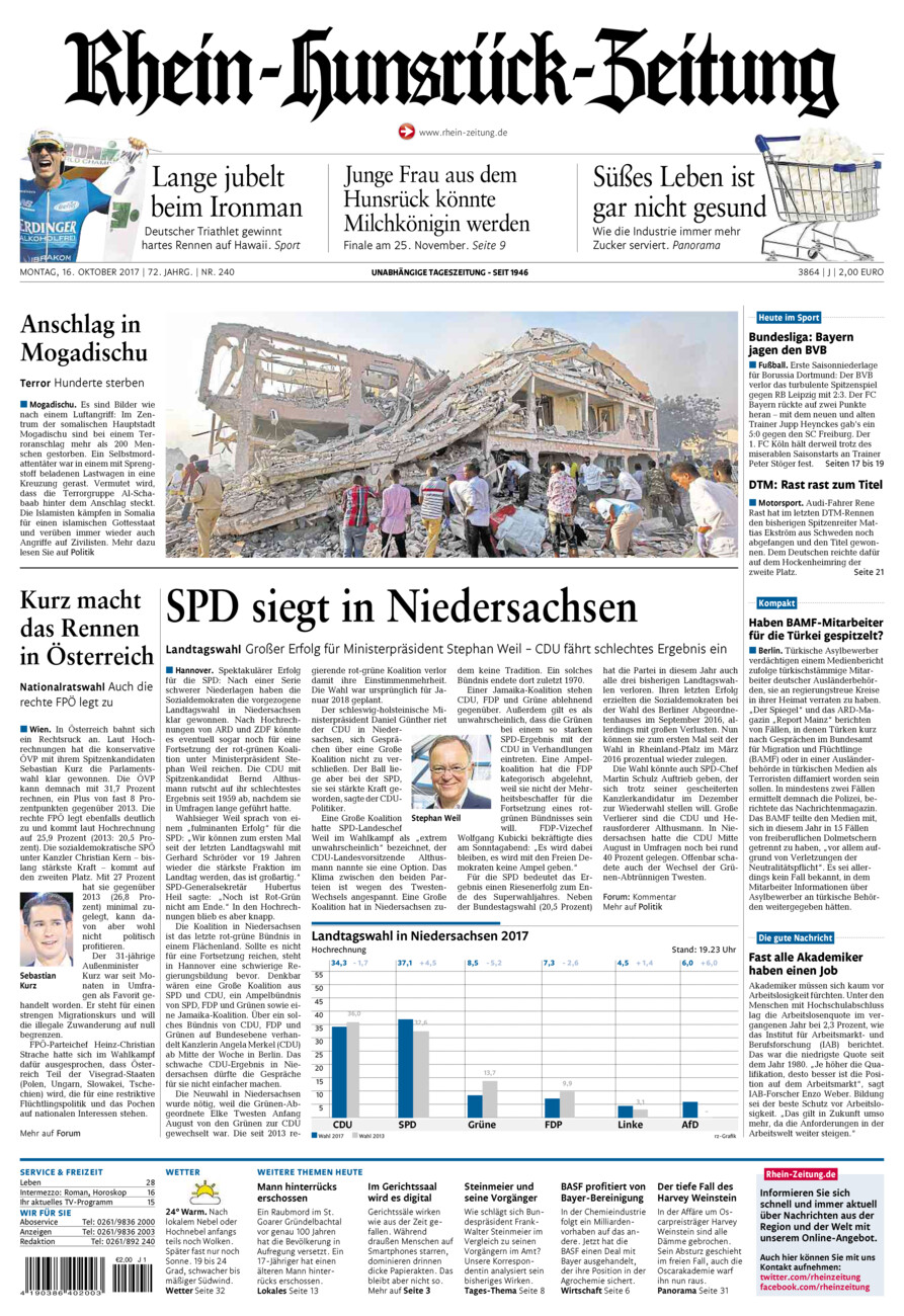 Rhein-Hunsrück-Zeitung vom Montag, 16.10.2017
