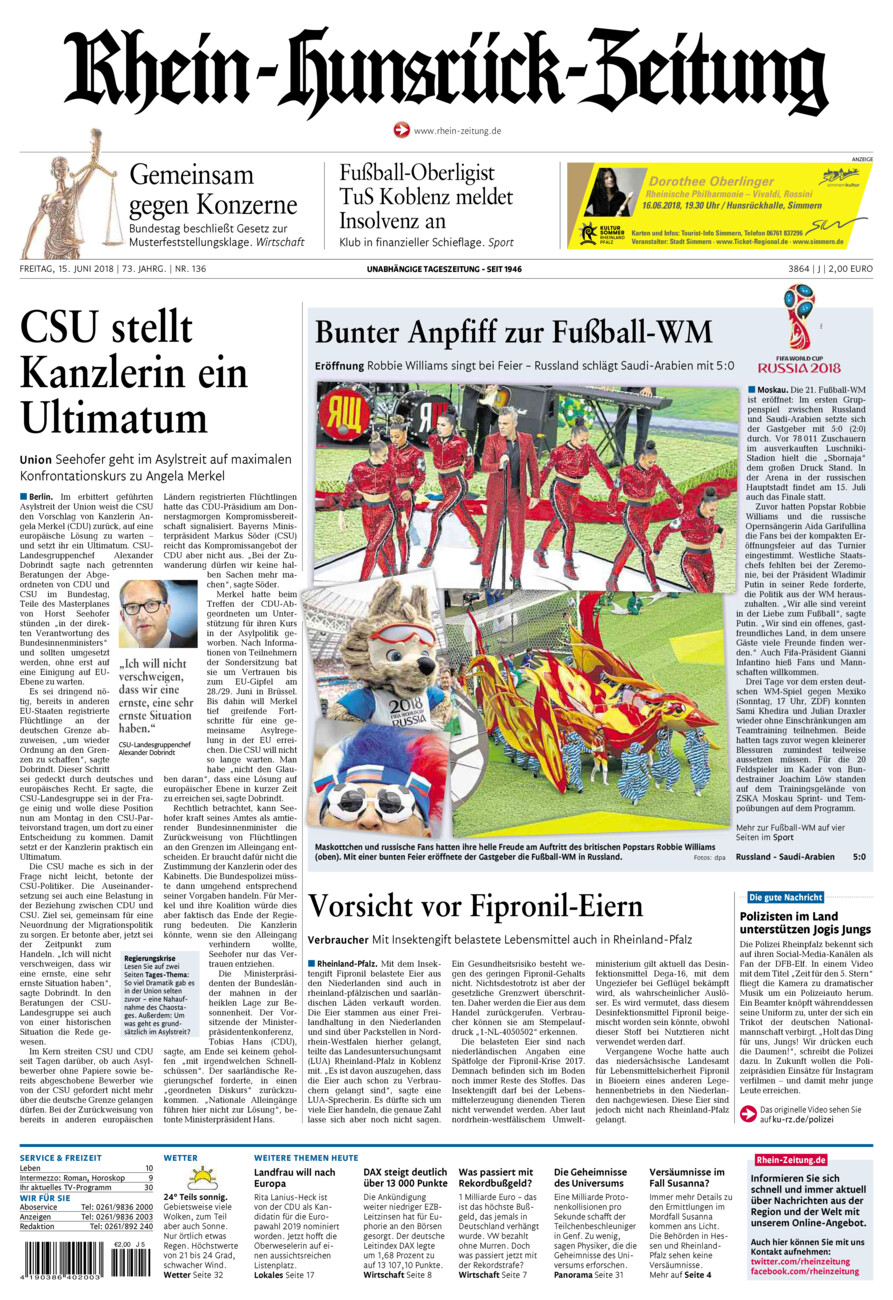 Rhein-Hunsrück-Zeitung vom Freitag, 15.06.2018