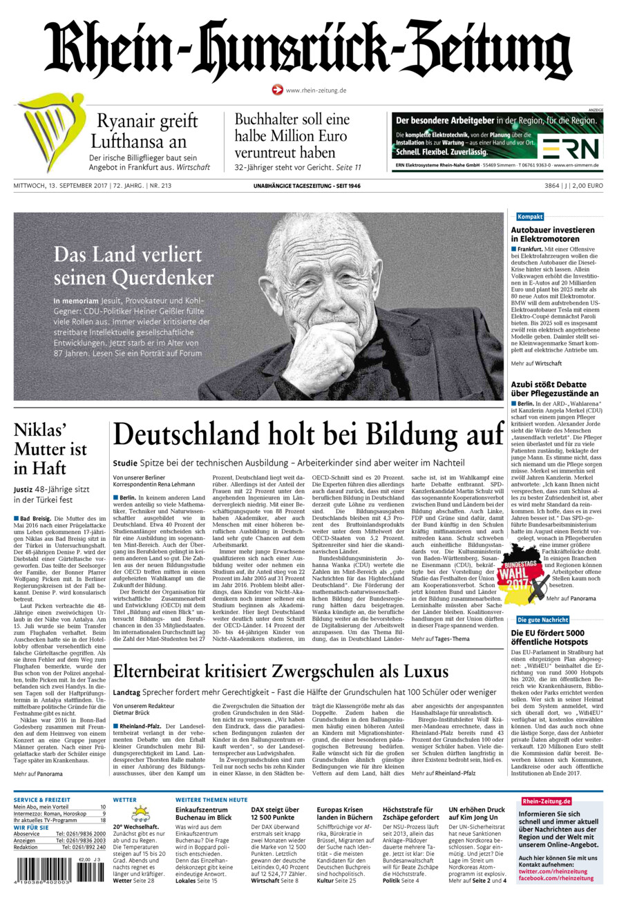 Rhein-Hunsrück-Zeitung vom Mittwoch, 13.09.2017