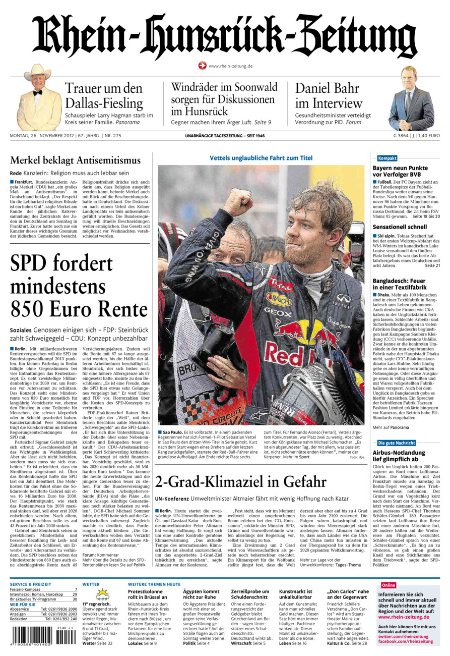 Rhein-Hunsrück-Zeitung vom Montag, 26.11.2012