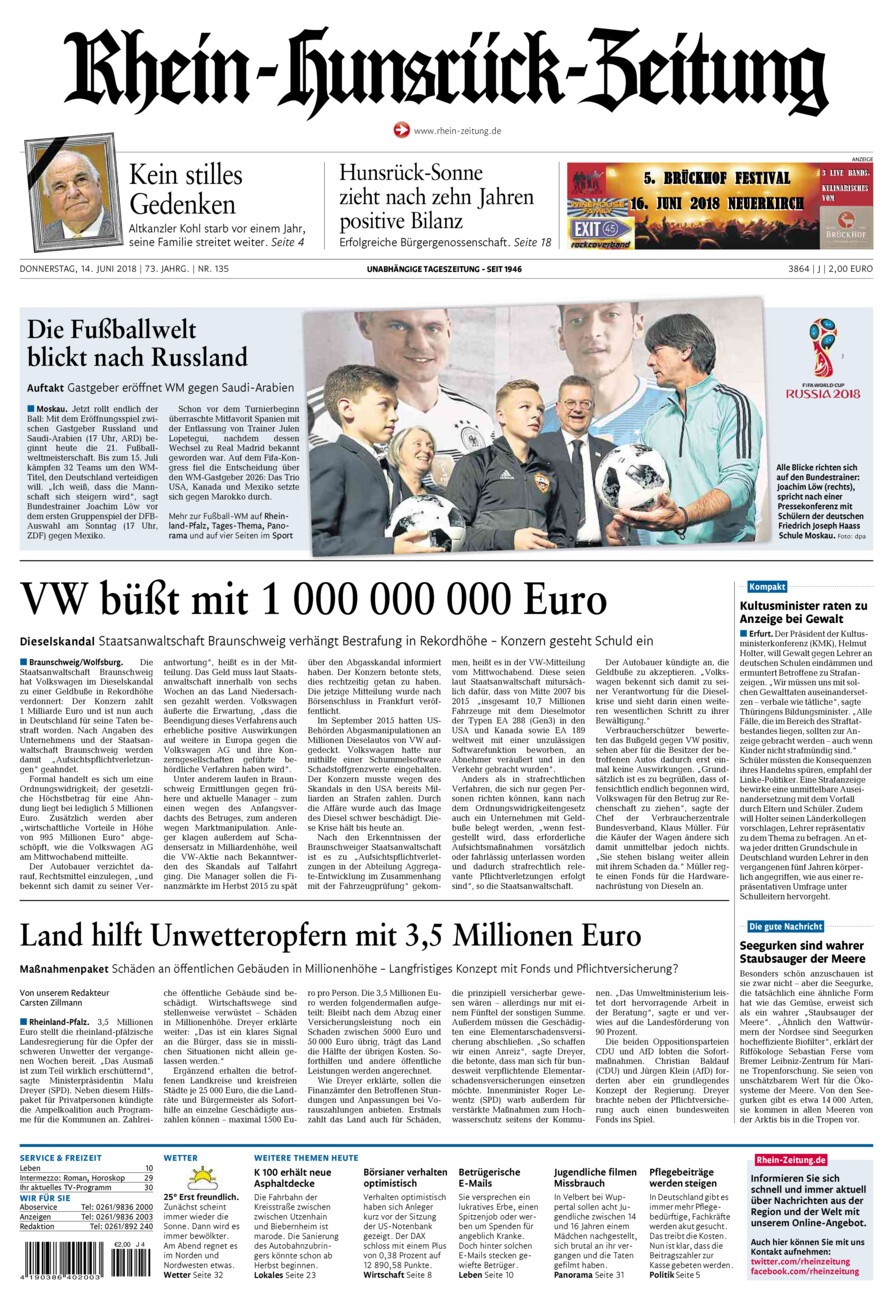 Rhein-Hunsrück-Zeitung vom Donnerstag, 14.06.2018