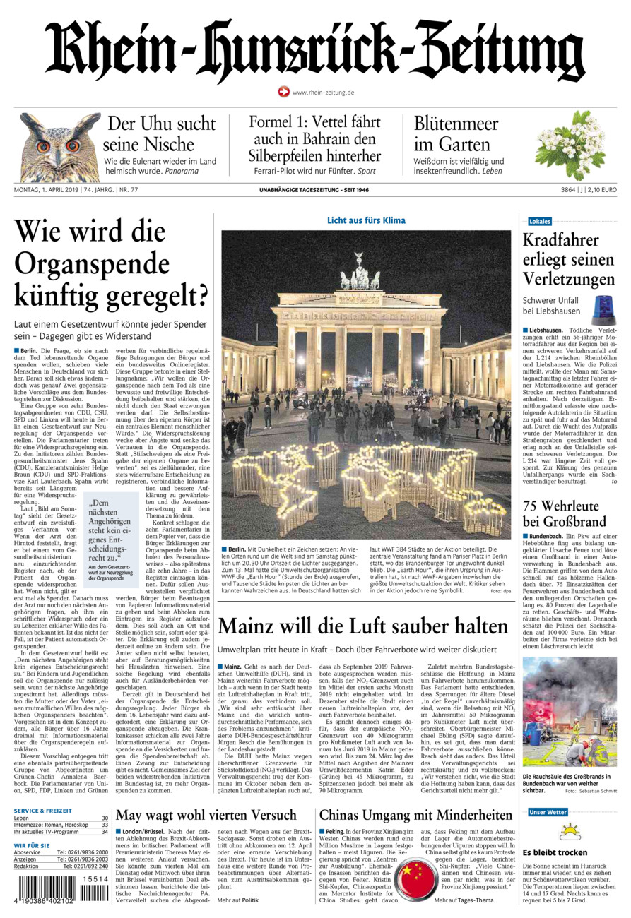 Rhein-Hunsrück-Zeitung vom Montag, 01.04.2019