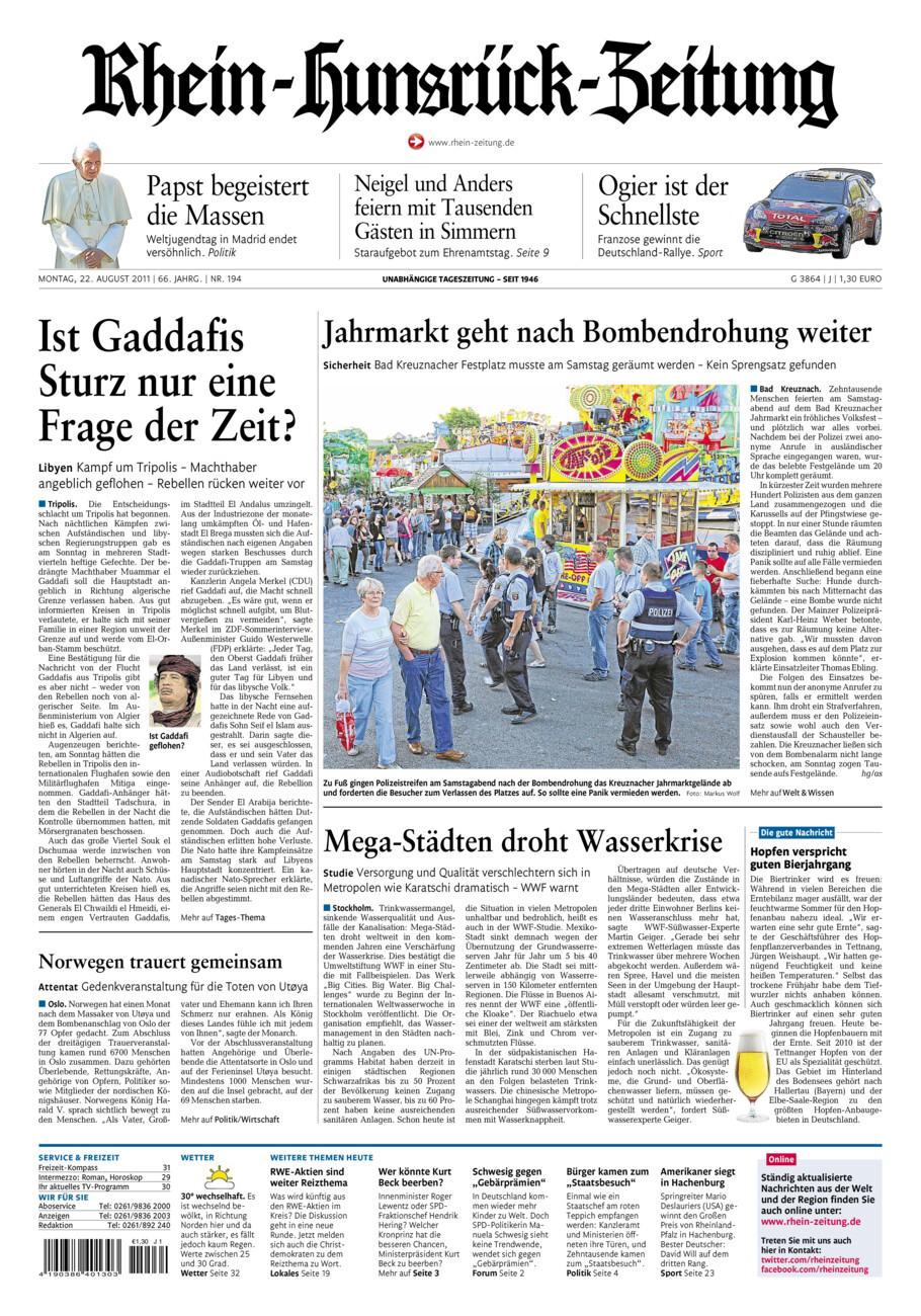 Rhein-Hunsrück-Zeitung vom Montag, 22.08.2011