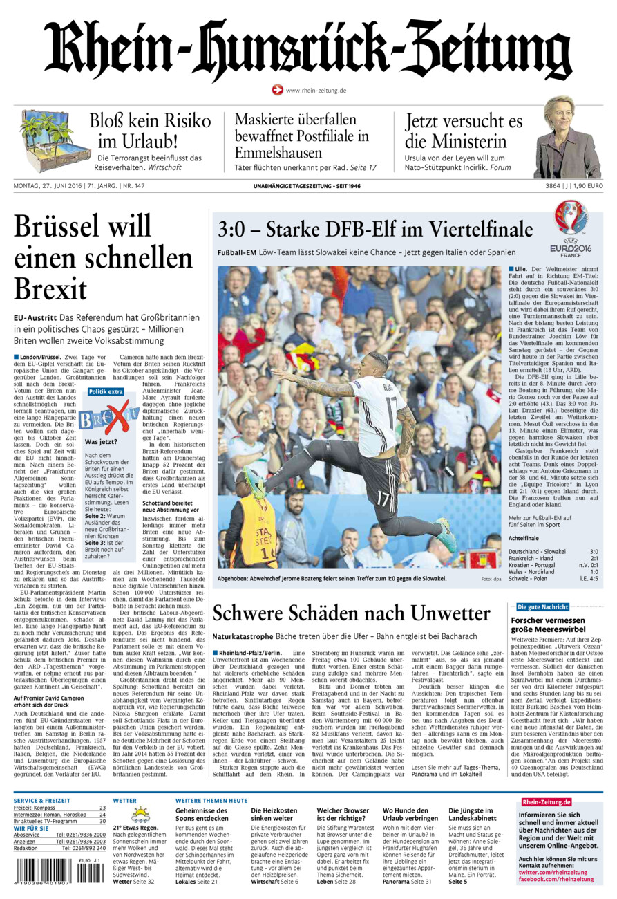 Rhein-Hunsrück-Zeitung vom Montag, 27.06.2016