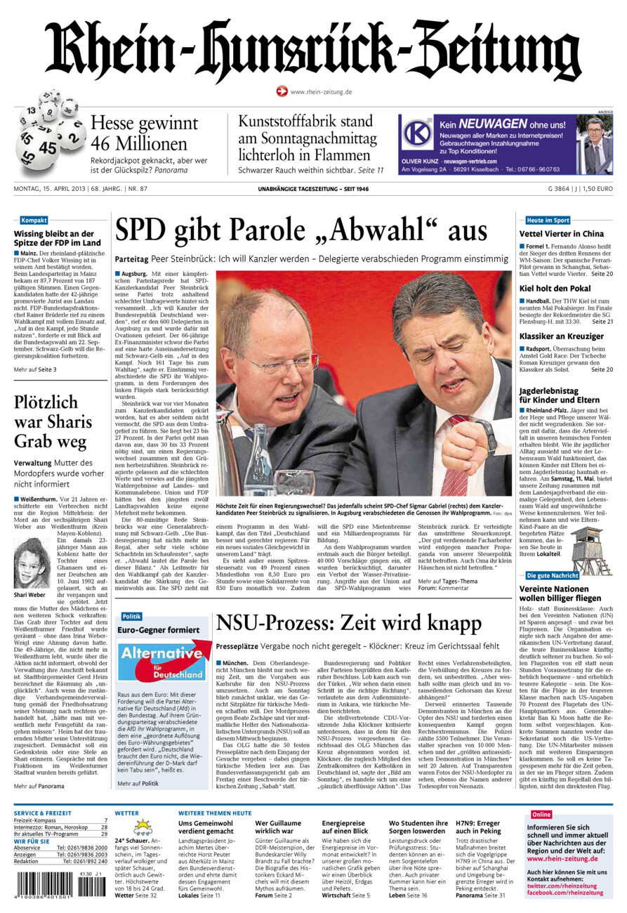 Rhein-Hunsrück-Zeitung vom Montag, 15.04.2013