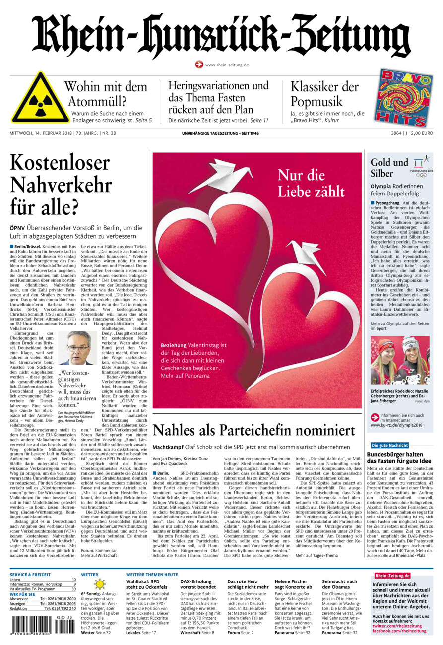 Rhein-Hunsrück-Zeitung vom Mittwoch, 14.02.2018