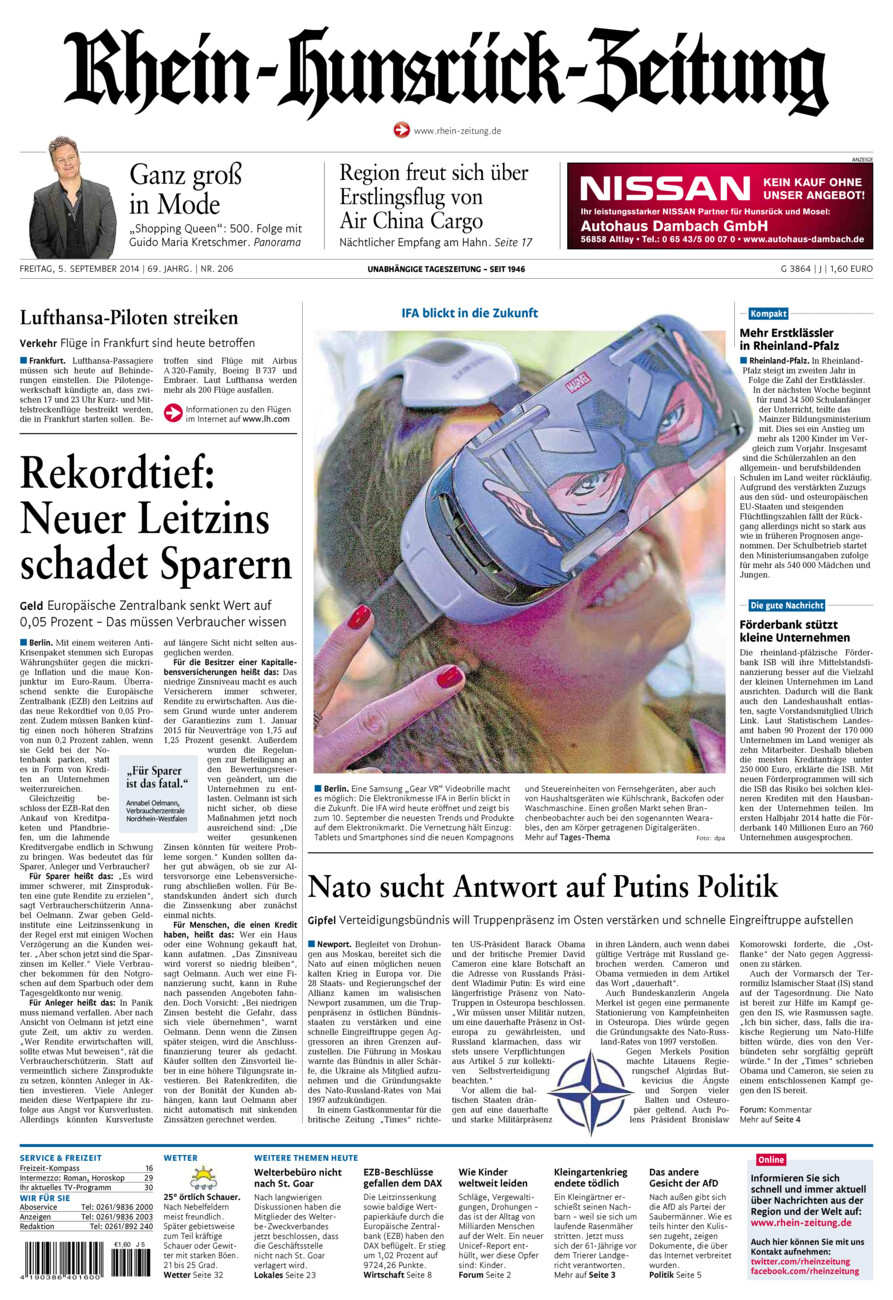 Rhein-Hunsrück-Zeitung vom Freitag, 05.09.2014