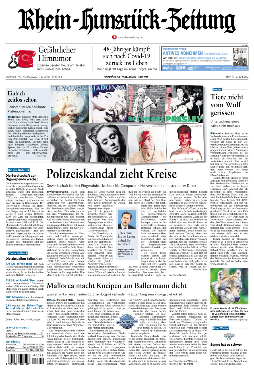 Rhein-Hunsrück-Zeitung vom Donnerstag, 16.07.2020