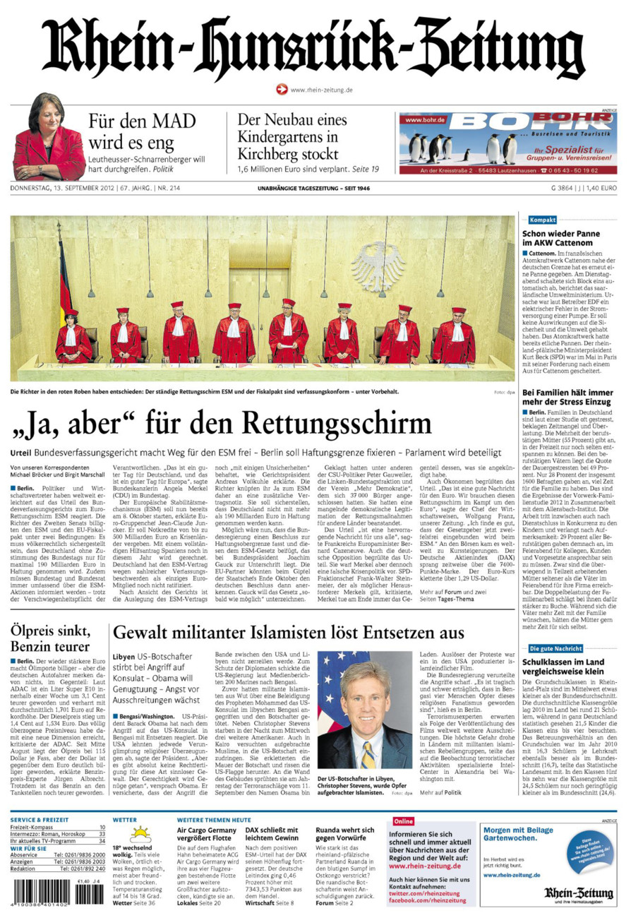 Rhein-Hunsrück-Zeitung vom Donnerstag, 13.09.2012