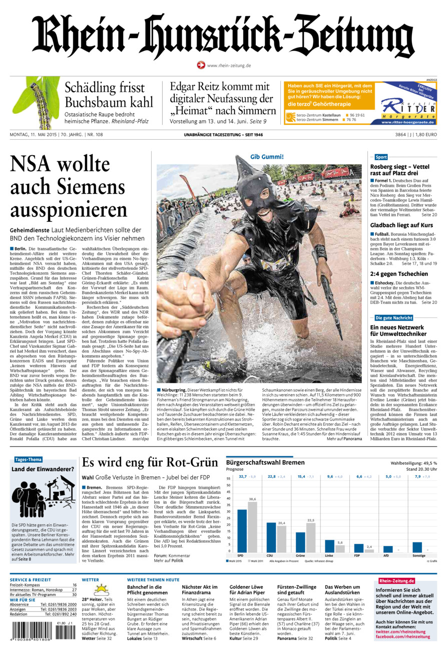Rhein-Hunsrück-Zeitung vom Montag, 11.05.2015