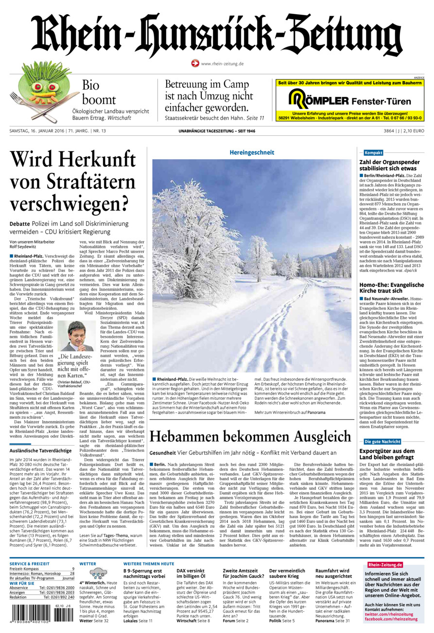 Rhein-Hunsrück-Zeitung vom Samstag, 16.01.2016