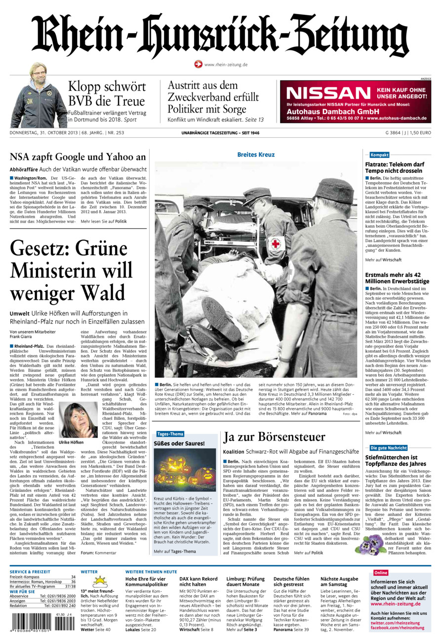 Rhein-Hunsrück-Zeitung vom Donnerstag, 31.10.2013