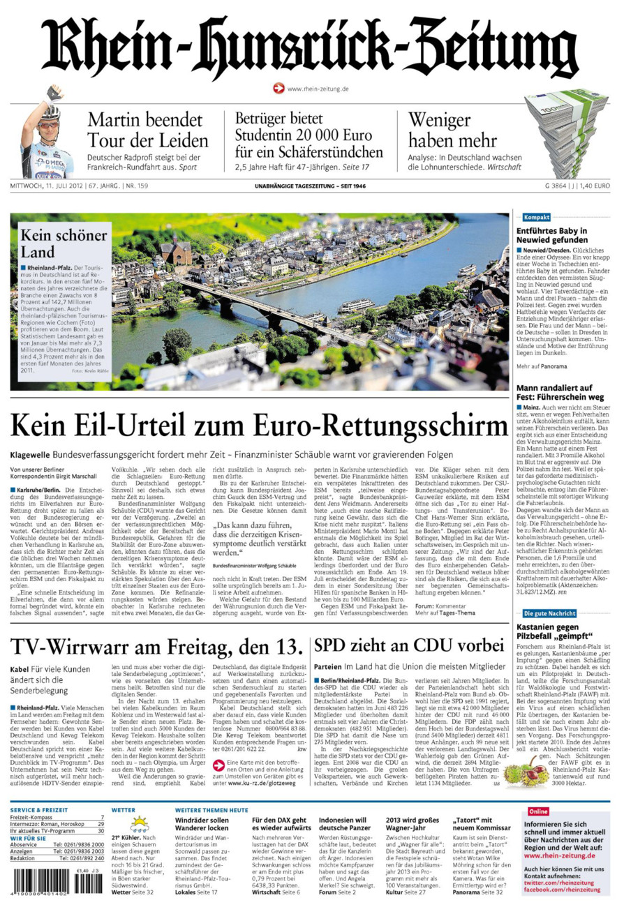Rhein-Hunsrück-Zeitung vom Mittwoch, 11.07.2012