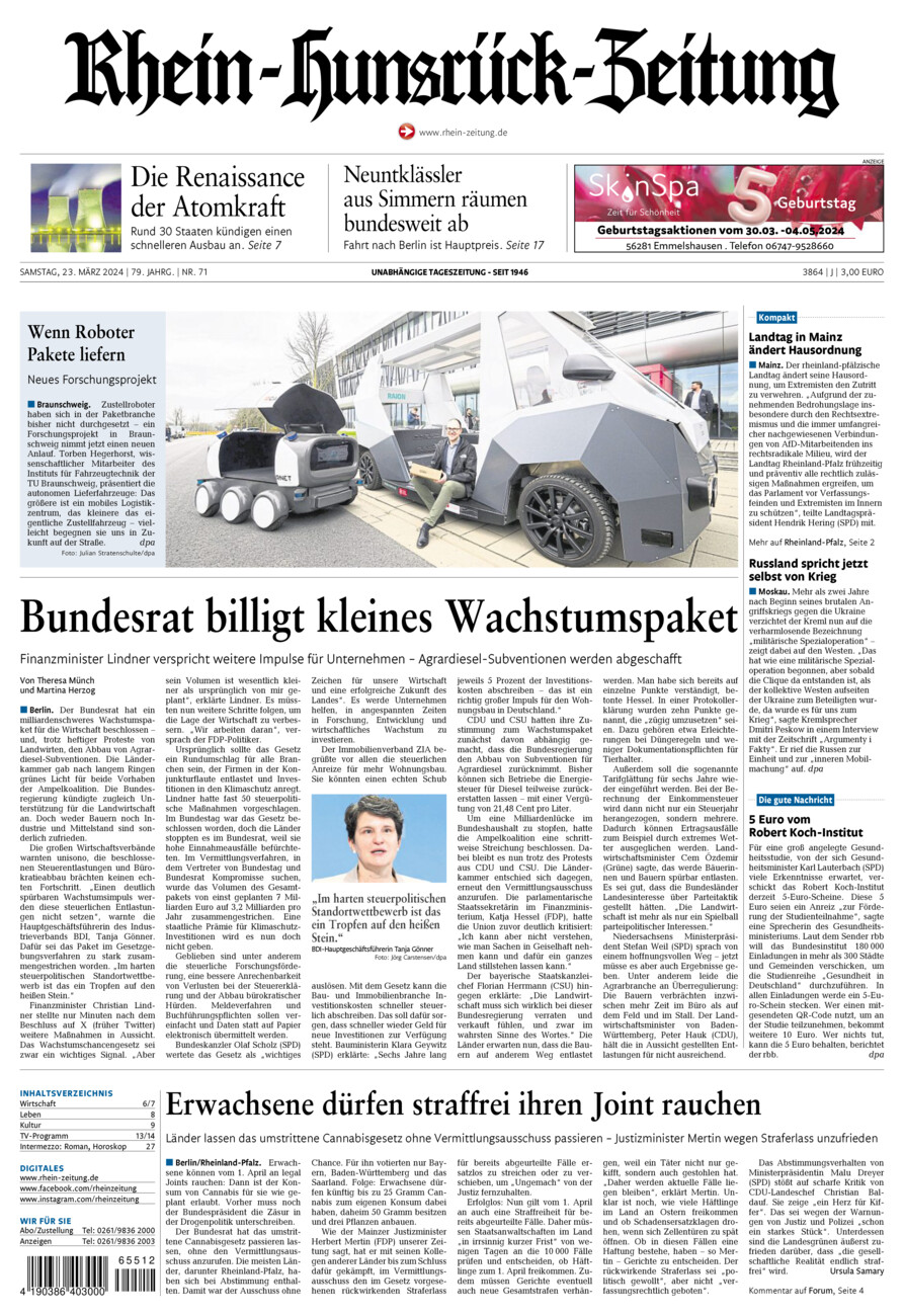 Rhein-Hunsrück-Zeitung vom Samstag, 23.03.2024