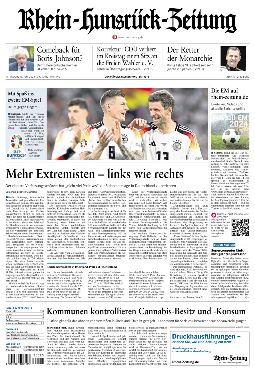 Rhein-Hunsrück-Zeitung vom Mittwoch, 19.06.2024