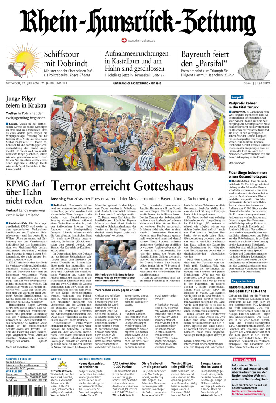 Rhein-Hunsrück-Zeitung vom Mittwoch, 27.07.2016