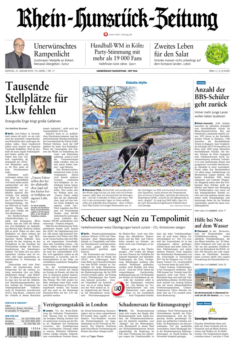 Rhein-Hunsrück-Zeitung vom Montag, 21.01.2019