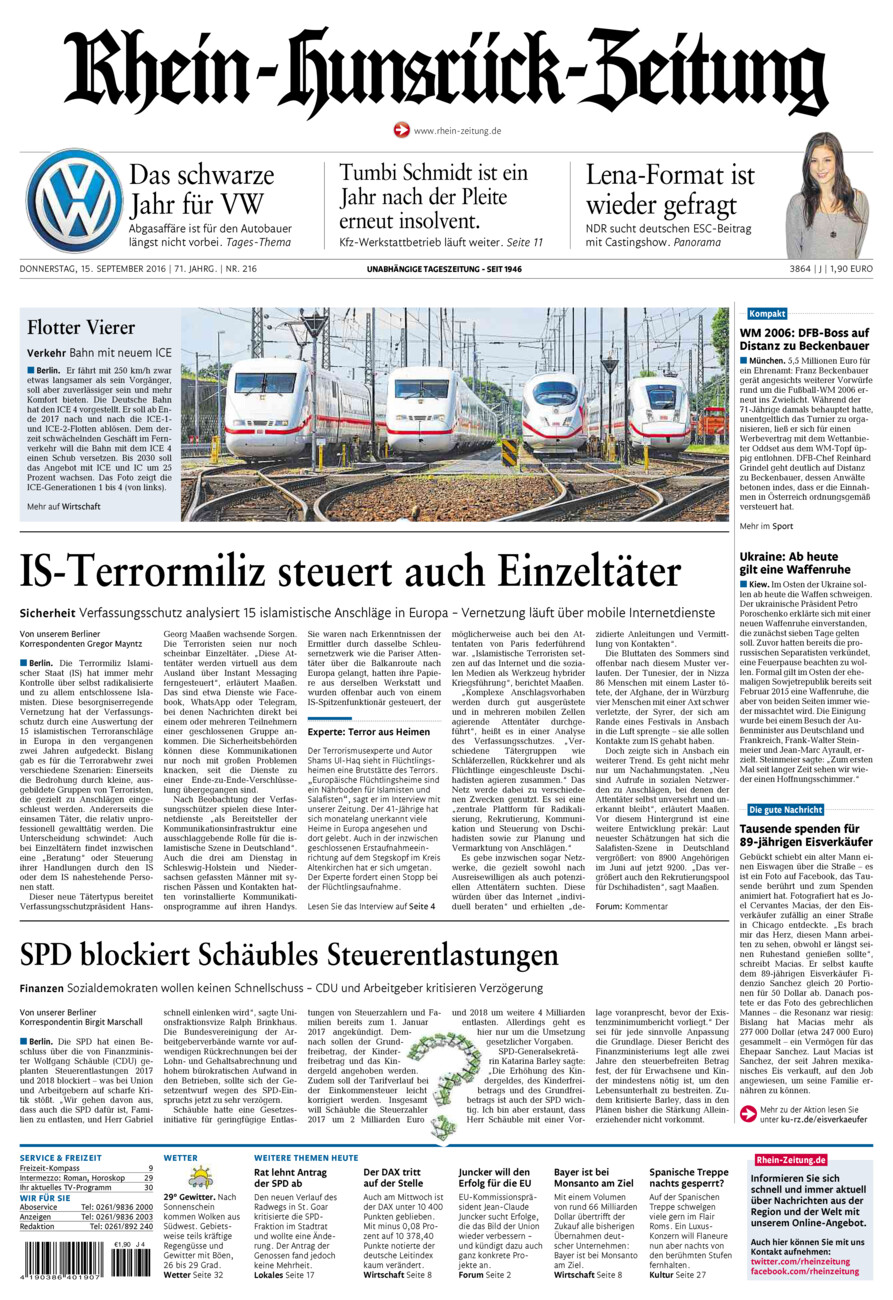 Rhein-Hunsrück-Zeitung vom Donnerstag, 15.09.2016