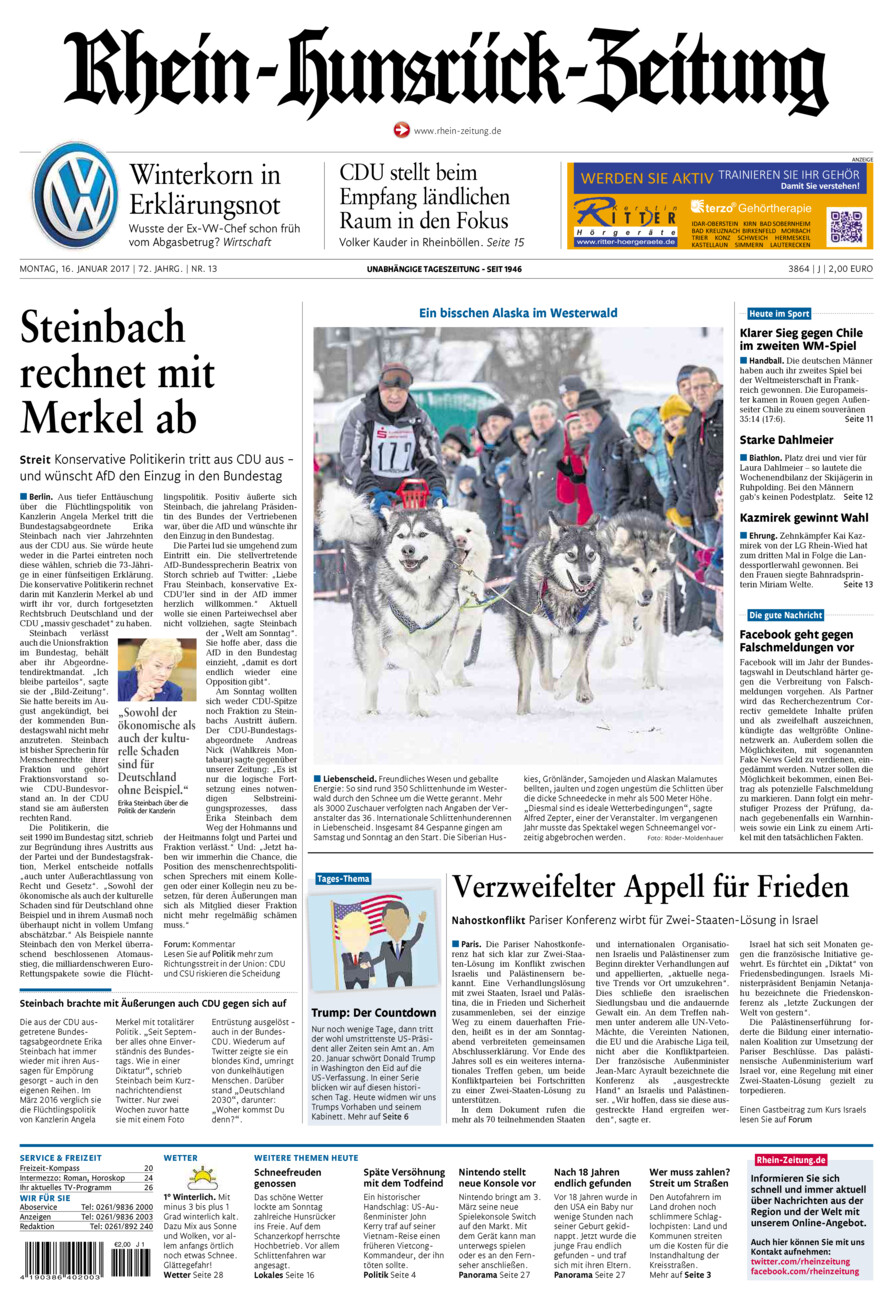 Rhein-Hunsrück-Zeitung vom Montag, 16.01.2017