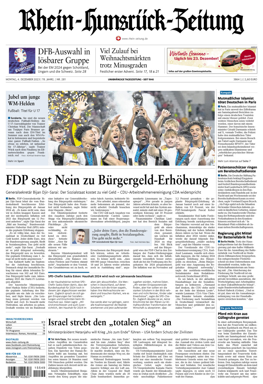Rhein-Hunsrück-Zeitung vom Montag, 04.12.2023