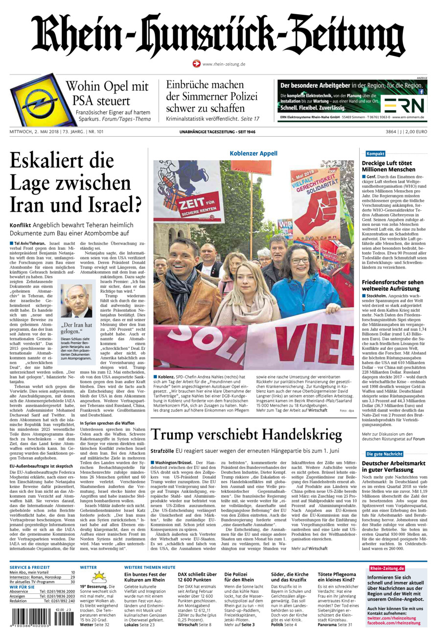 Rhein-Hunsrück-Zeitung vom Mittwoch, 02.05.2018