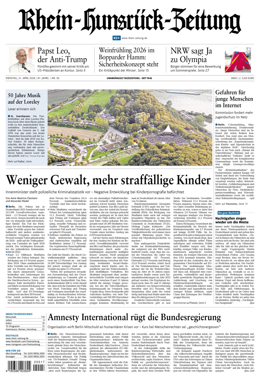 Rhein-Hunsrück-Zeitung vom Dienstag, 21.04.2026