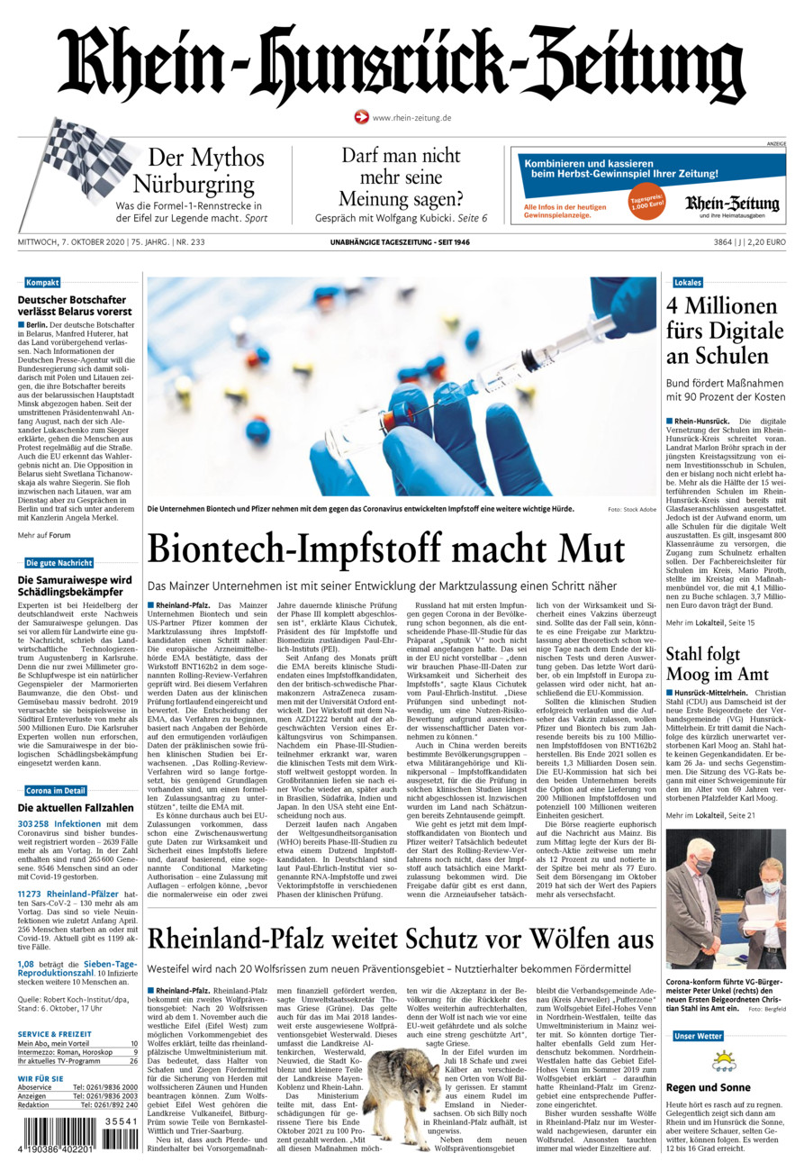 Rhein-Hunsrück-Zeitung vom Mittwoch, 07.10.2020