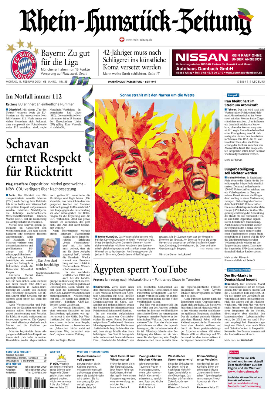 Rhein-Hunsrück-Zeitung vom Montag, 11.02.2013