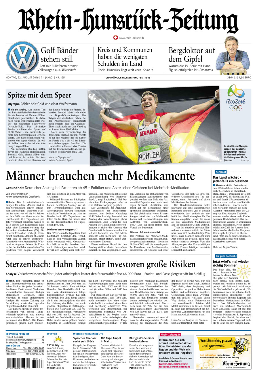 Rhein-Hunsrück-Zeitung vom Montag, 22.08.2016