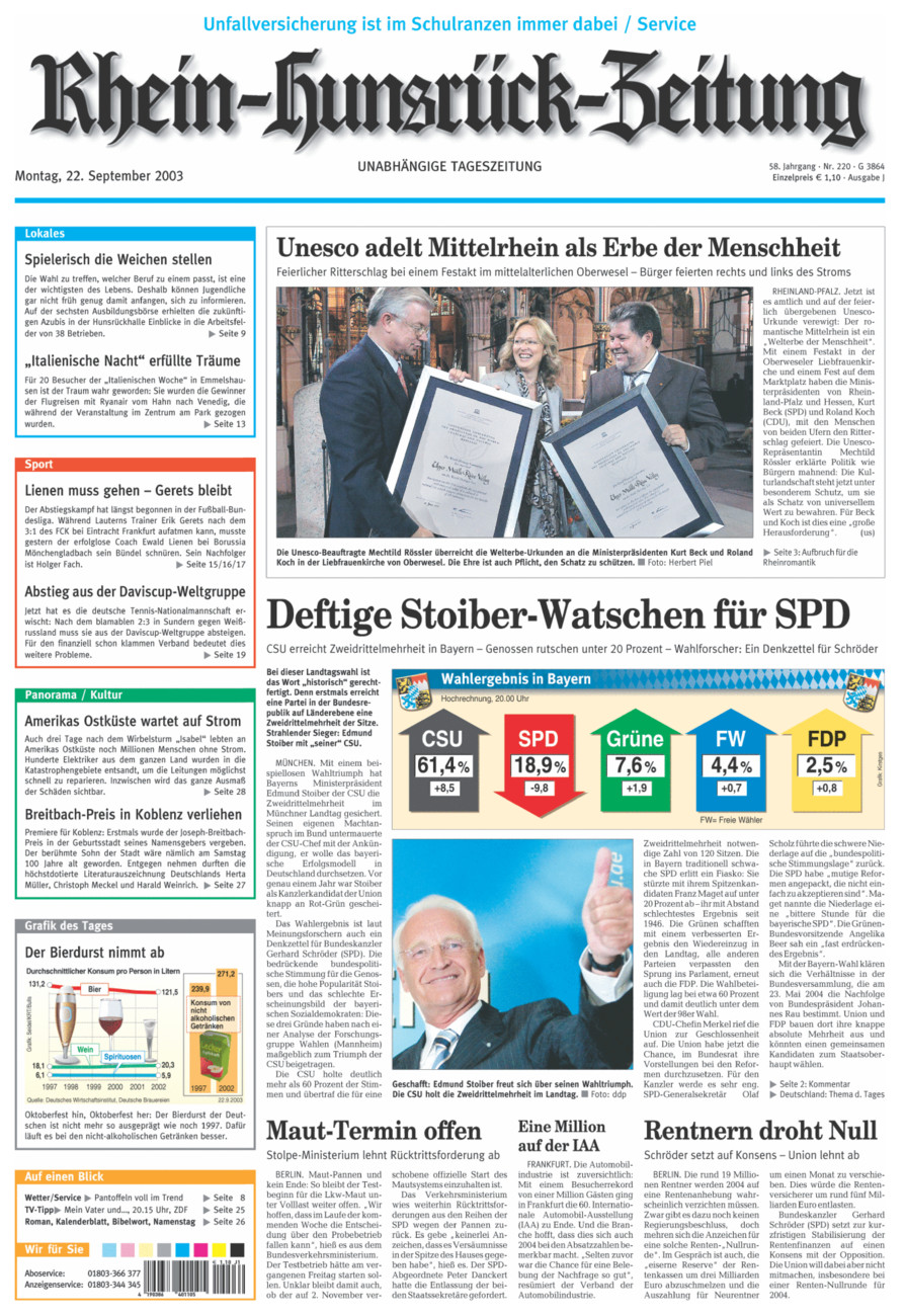 Rhein-Hunsrück-Zeitung vom Montag, 22.09.2003
