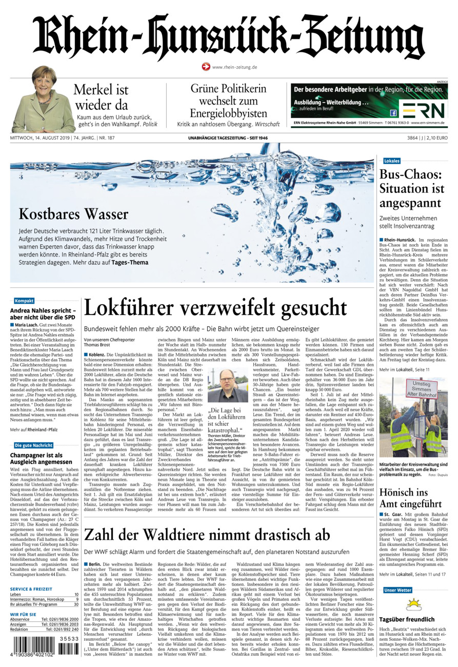 Rhein-Hunsrück-Zeitung vom Mittwoch, 14.08.2019