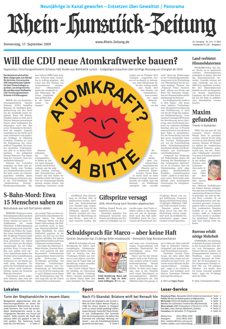 Rhein-Hunsrück-Zeitung vom Donnerstag, 17.09.2009