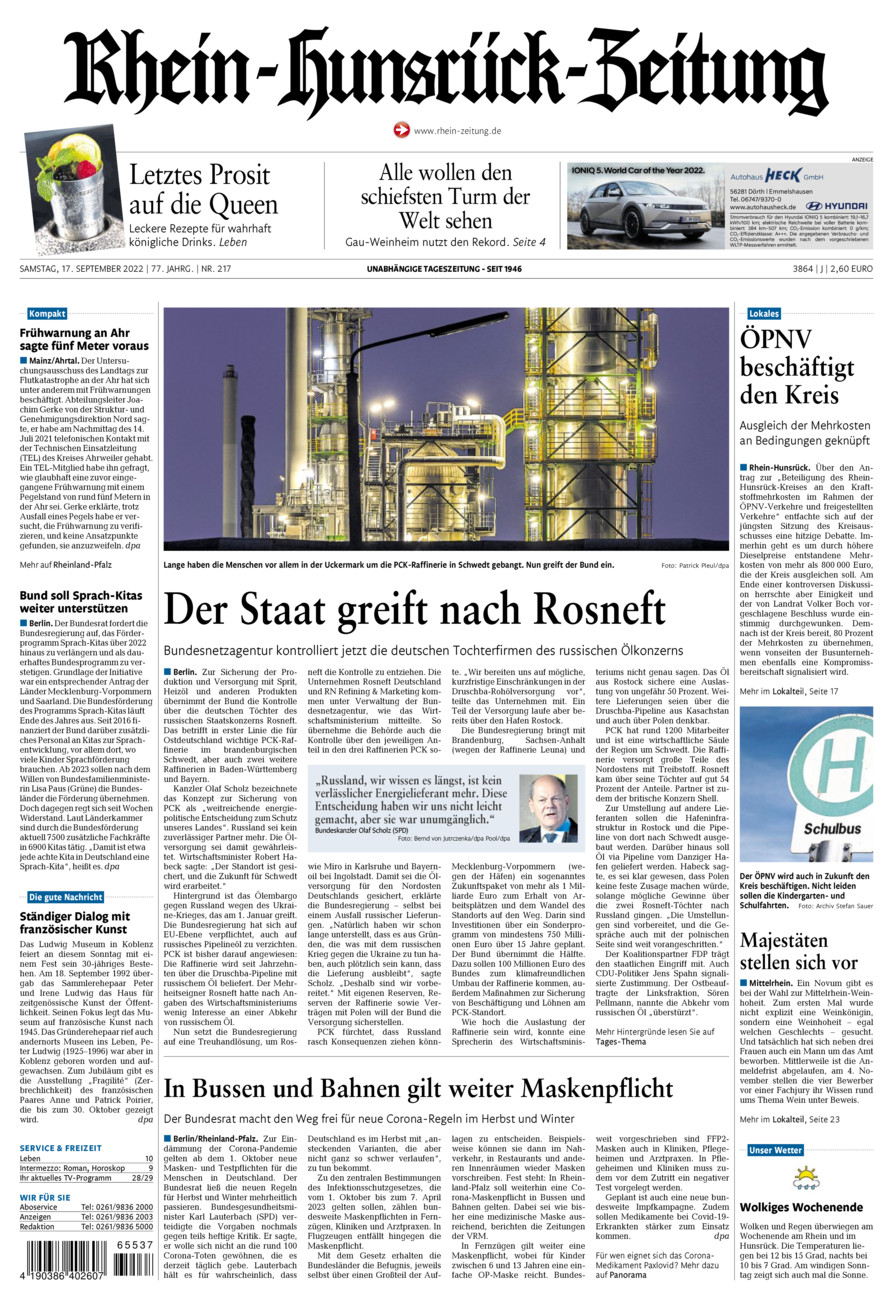 Rhein-Hunsrück-Zeitung vom Samstag, 17.09.2022