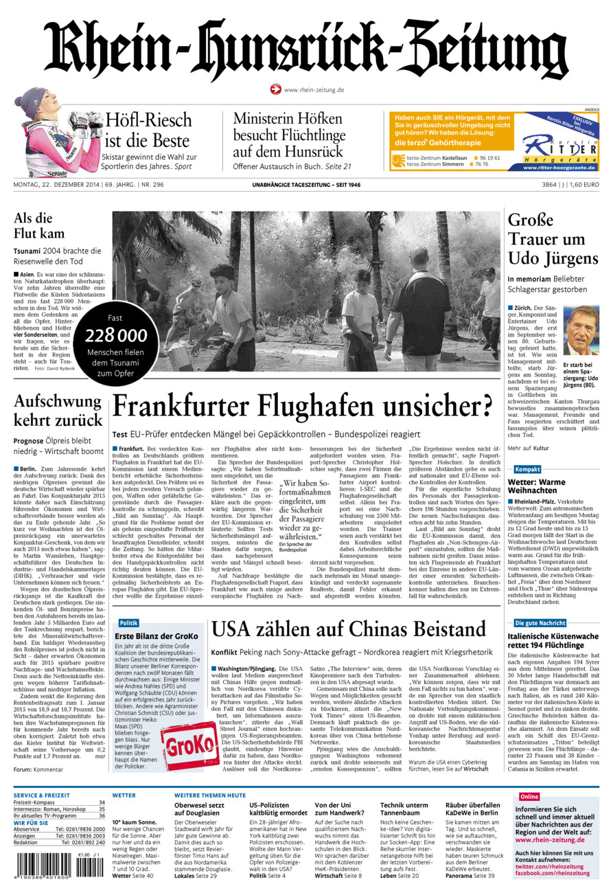 Rhein-Hunsrück-Zeitung vom Montag, 22.12.2014