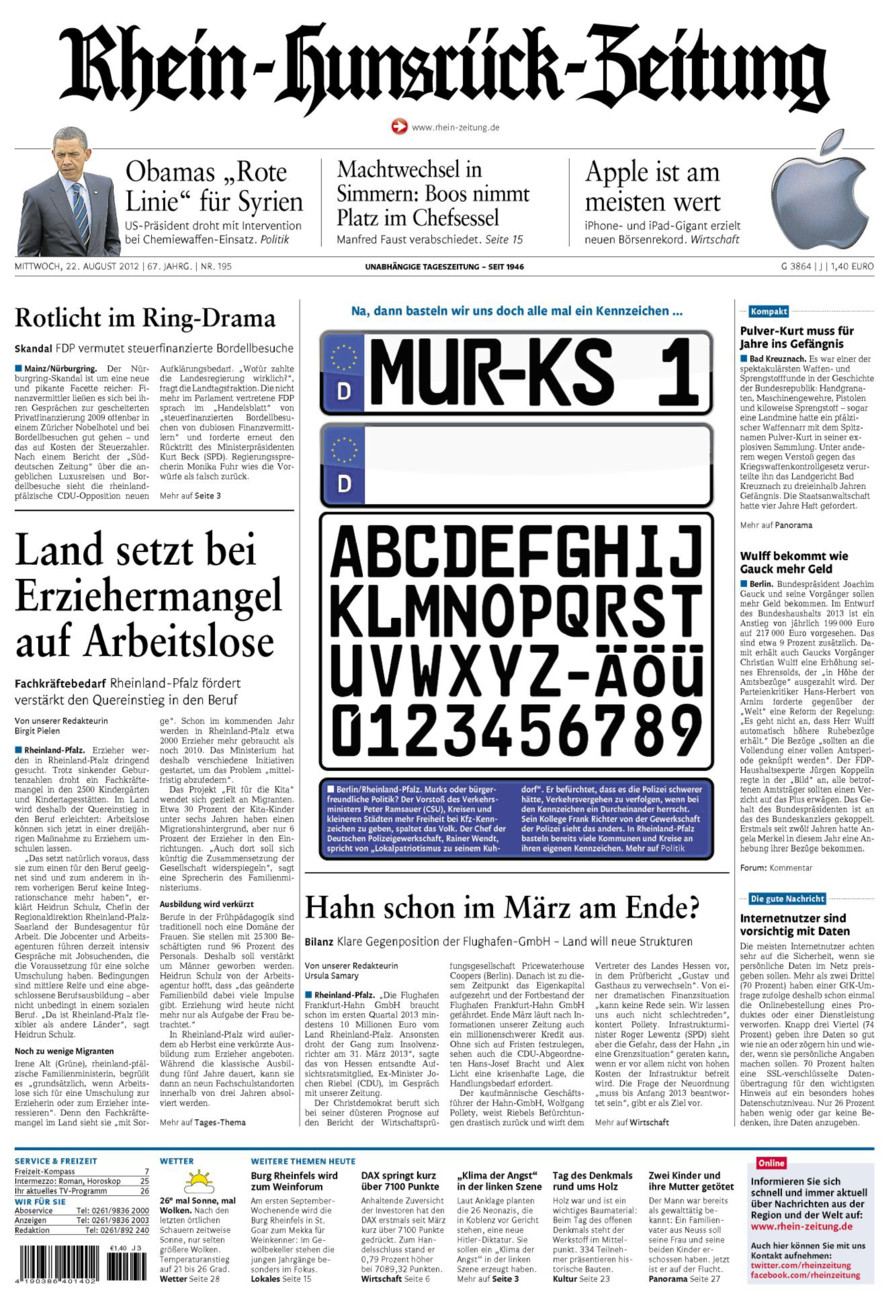 Rhein-Hunsrück-Zeitung vom Mittwoch, 22.08.2012