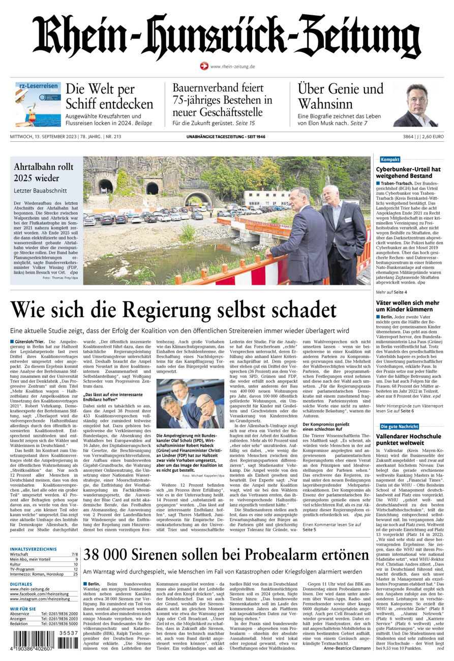 Rhein-Hunsrück-Zeitung vom Mittwoch, 13.09.2023
