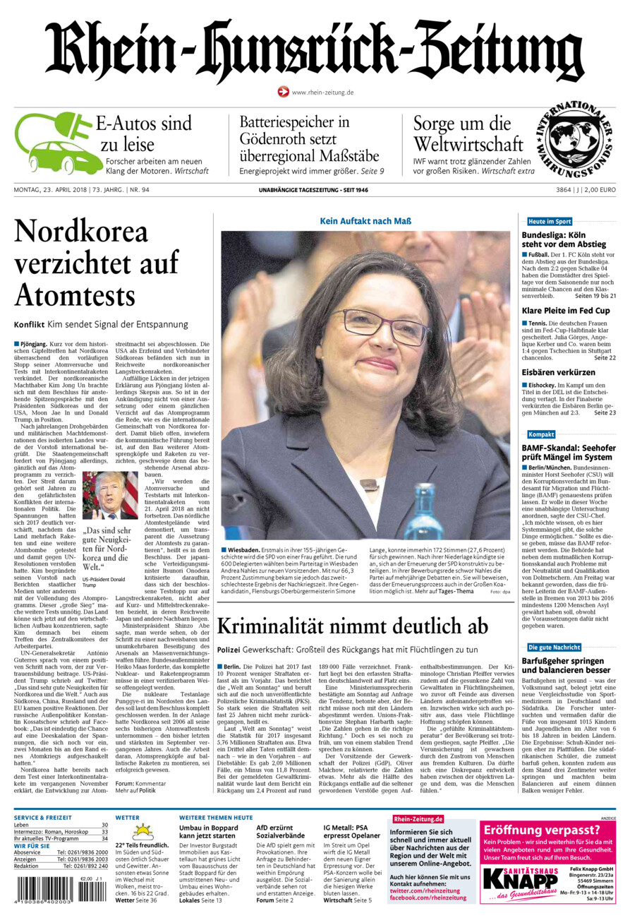 Rhein-Hunsrück-Zeitung vom Montag, 23.04.2018