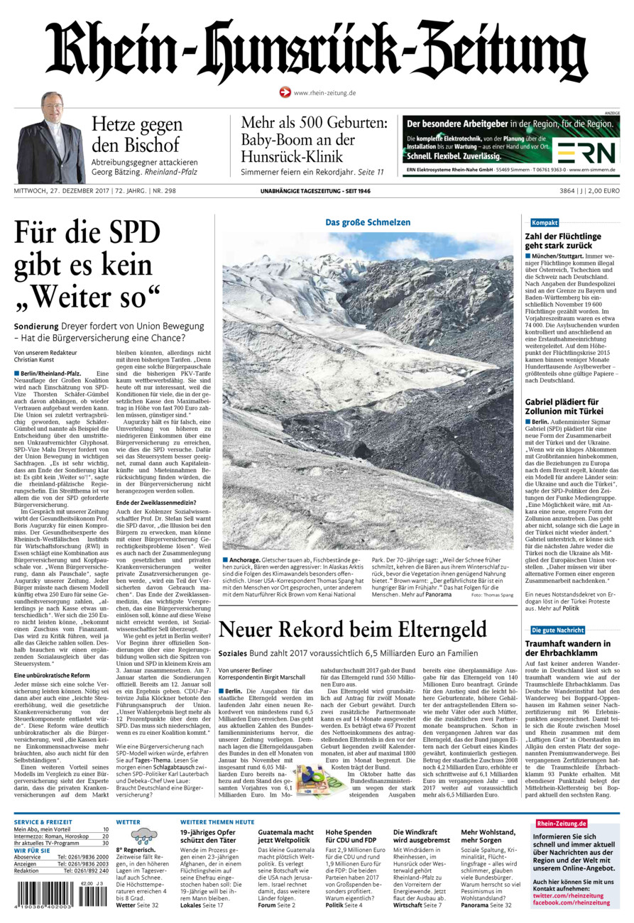 Rhein-Hunsrück-Zeitung vom Mittwoch, 27.12.2017
