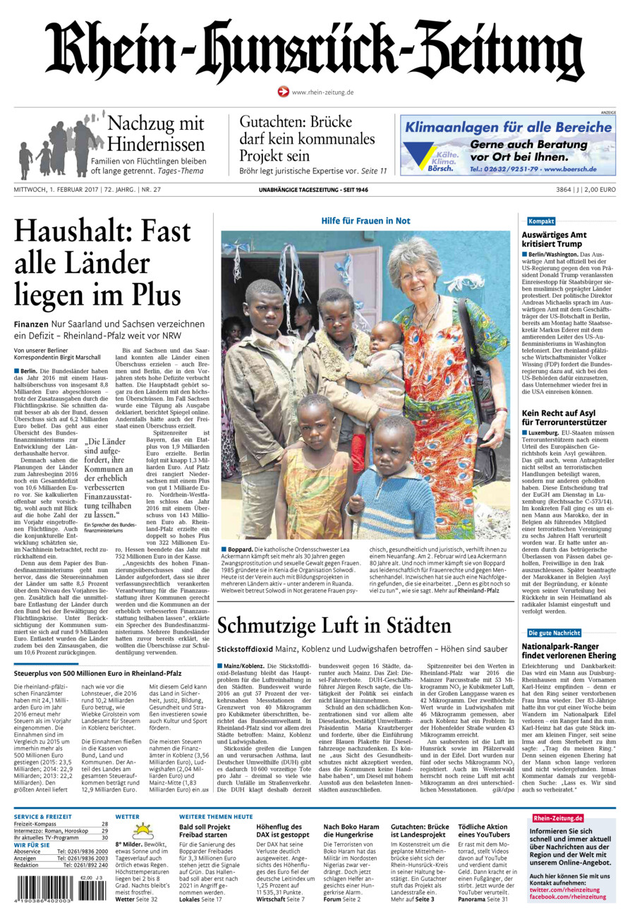 Rhein-Hunsrück-Zeitung vom Mittwoch, 01.02.2017