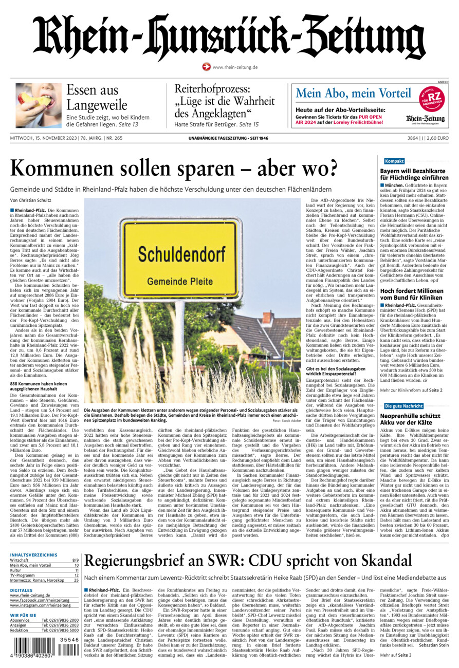 Rhein-Hunsrück-Zeitung vom Mittwoch, 15.11.2023