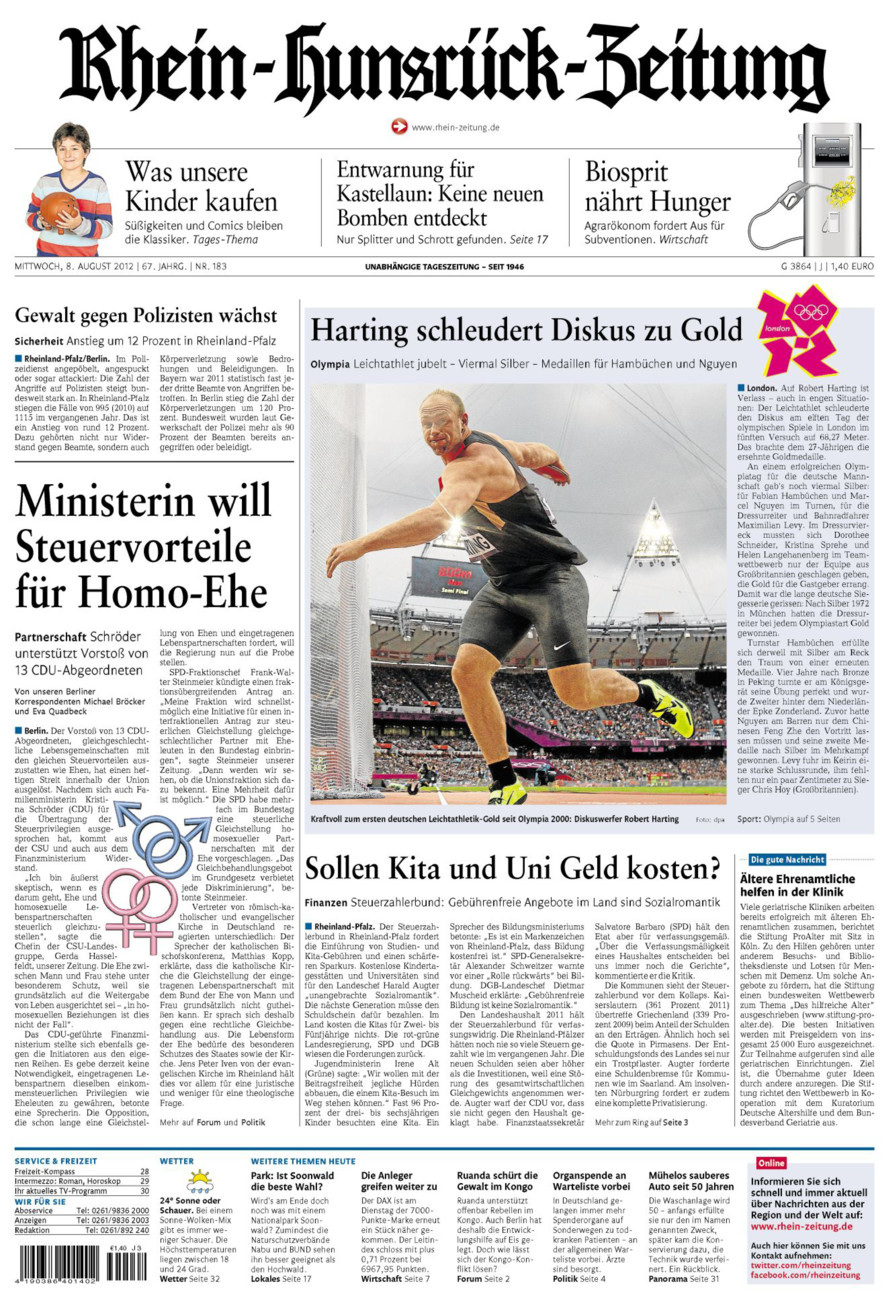 Rhein-Hunsrück-Zeitung vom Mittwoch, 08.08.2012