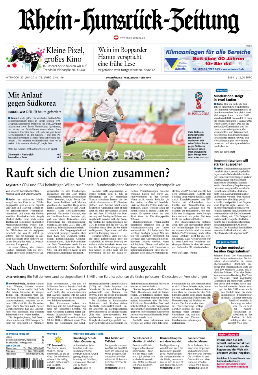Rhein-Hunsrück-Zeitung vom Mittwoch, 27.06.2018